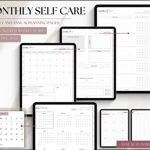 May include: A digital planner with monthly and annual planning pages for self-care. The planner includes a calendar, habit tracker, and goal setting pages. The planner is designed for use with a tablet or computer.
