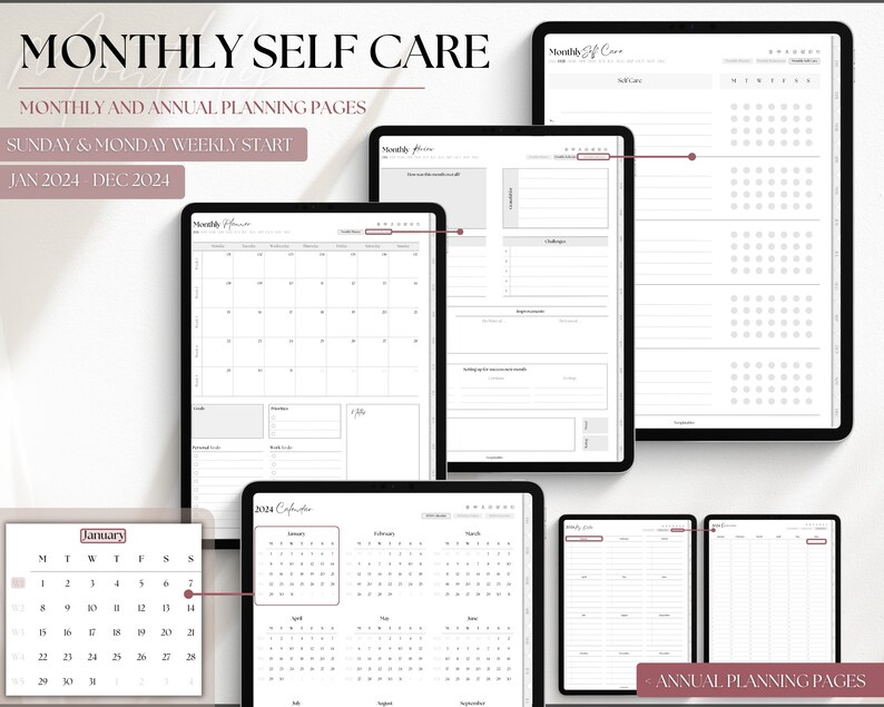 May include: A digital planner with monthly and annual planning pages for self-care. The planner includes a calendar, habit tracker, and goal setting pages. The planner is designed for use with a tablet or computer.