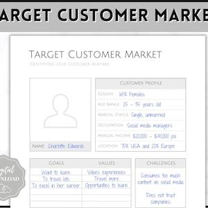 Target Customer Market Template, Customer Avatar Worksheet, Client Profile, Persona, Ideal Target Audience, Small Business Marketing Planner