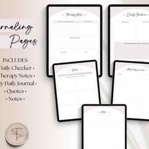 May include: Five printable journaling pages with a minimalist design. The pages include a daily checker, therapy notes, my daily journal, quotes, and notes.