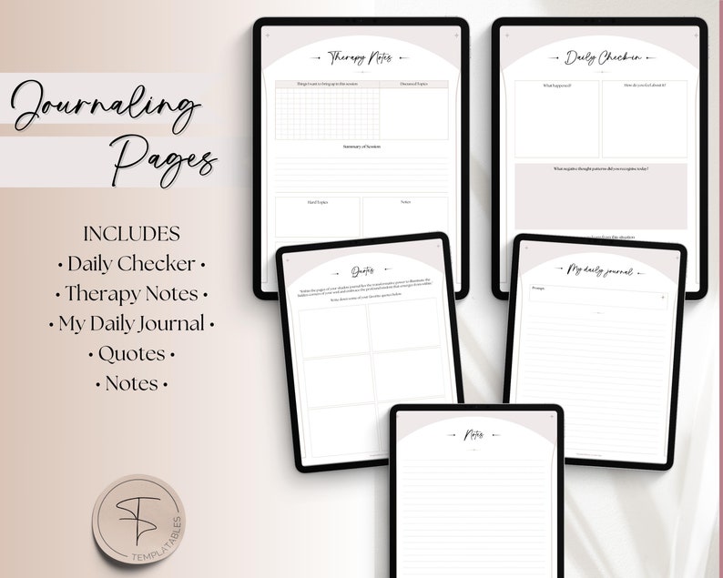 May include: Five printable journaling pages with a minimalist design. The pages include a daily checker, therapy notes, my daily journal, quotes, and notes.