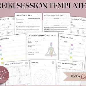 May include: A set of Reiki session templates, featuring client intake forms, consent forms, and notes. The documents are white with grey text and pastel accents. The words "REIKI SESSION TEMPLATES" and "BUNDLE Pack" are visible.
