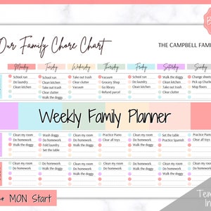 Family Chore Chart, Editable Family Planner Printable, Weekly Family Schedule, Family Calendar, Command Center, Weekly Household, Kids Adult