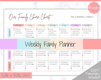 Family Chore Chart, Editable Family Planner Printable, Weekly Family Schedule, Family Calendar, Command Center, Weekly Household, Kids Adult