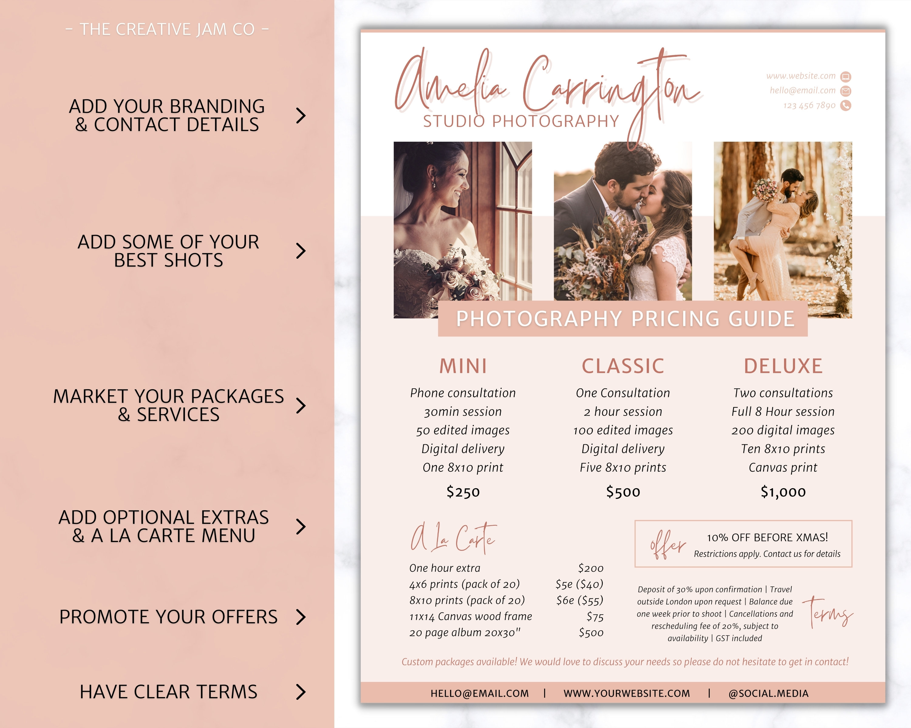Photography Pricing Template, Pricing Guide, Photo Session Price List,  CANVA, Minis, Wedding, Photographer Business Marketing, Full Page 