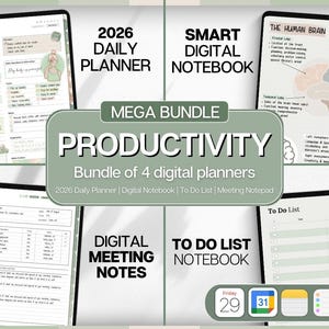 Peut inclure: Un ensemble numérique de productivité avec quatre planificateurs : un agenda quotidien 2026, un cahier numérique intelligent, un carnet de listes de tâches et des notes de réunion numériques. L'ensemble est affiché sur des tablettes.