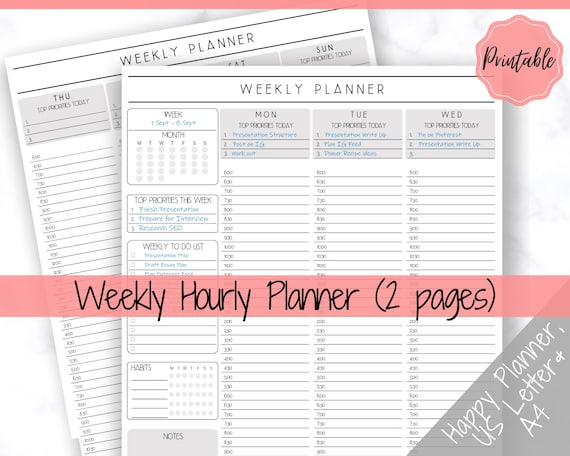 weekly planner printable hourly planner week on 2 pages etsy