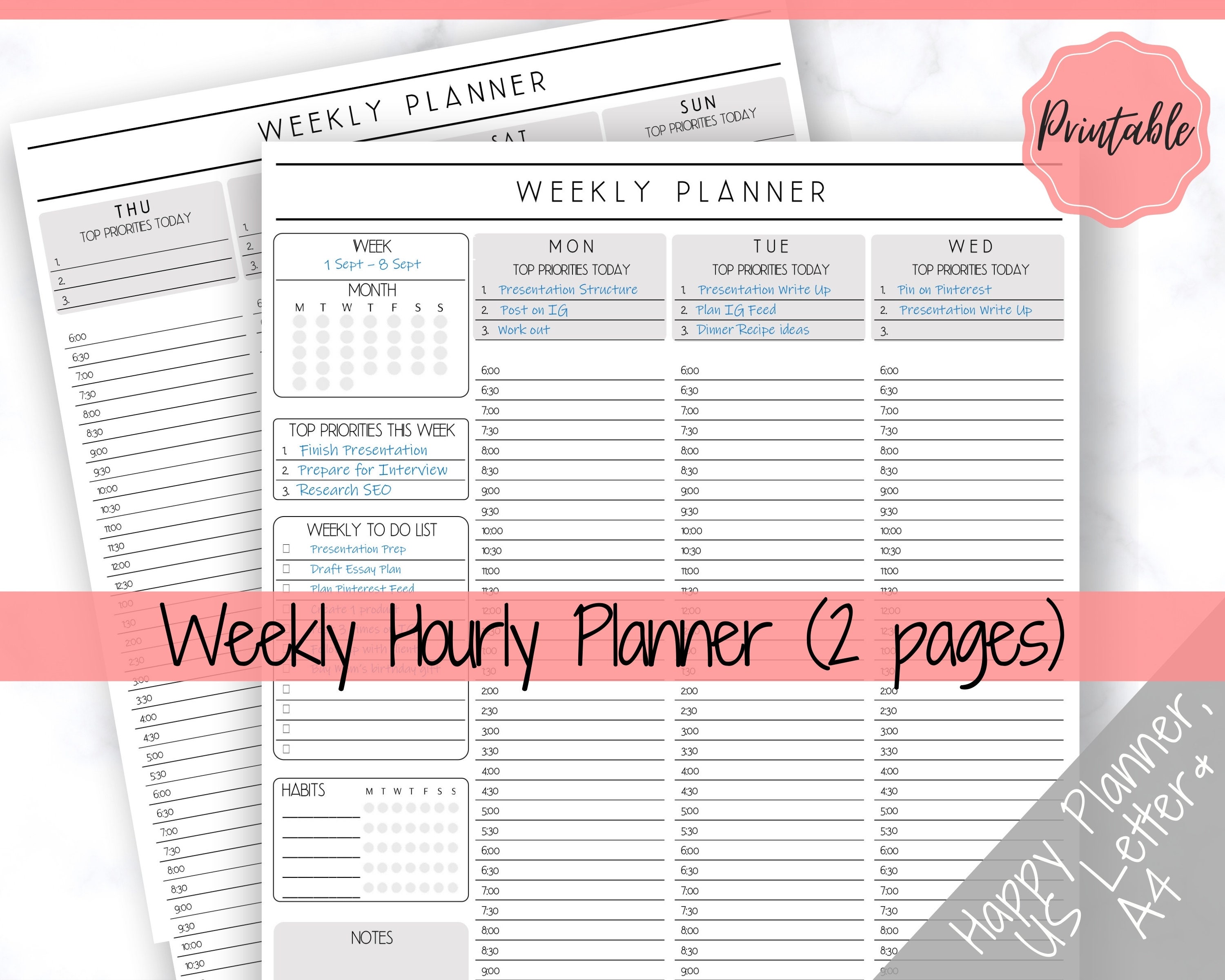 weekly planner printable hourly planner week on 2 pages etsy india
