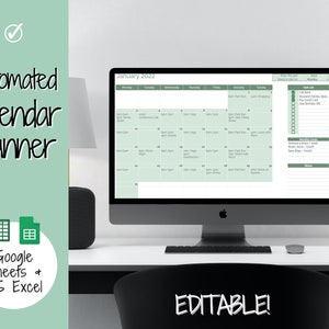 May include: A computer screen displaying a January 2022 calendar with a green color scheme. The calendar is labeled "Automated Calendar Planner" and is editable. The screen is on a desk with a black chair and a lamp.