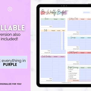 May include: A printable bi-weekly budget planner with sections for income, bills, savings, debt payments, and cash envelopes. The planner is designed in a pastel color scheme with light blue, pink, and green accents. The text "Bi-Weekly Budget" is at the top of the page.