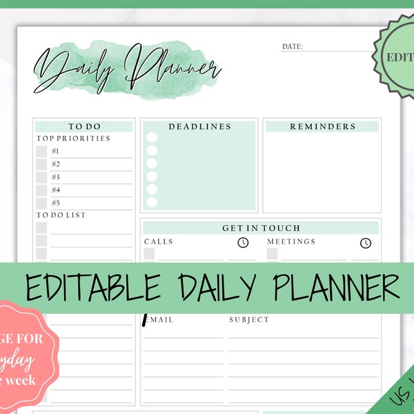 EDITABLE DAILY PLANNER | To Do List | Printable Productivity Day Planner for Work | Work Day Diary Insert | Template | Pdf, Excel | Organize