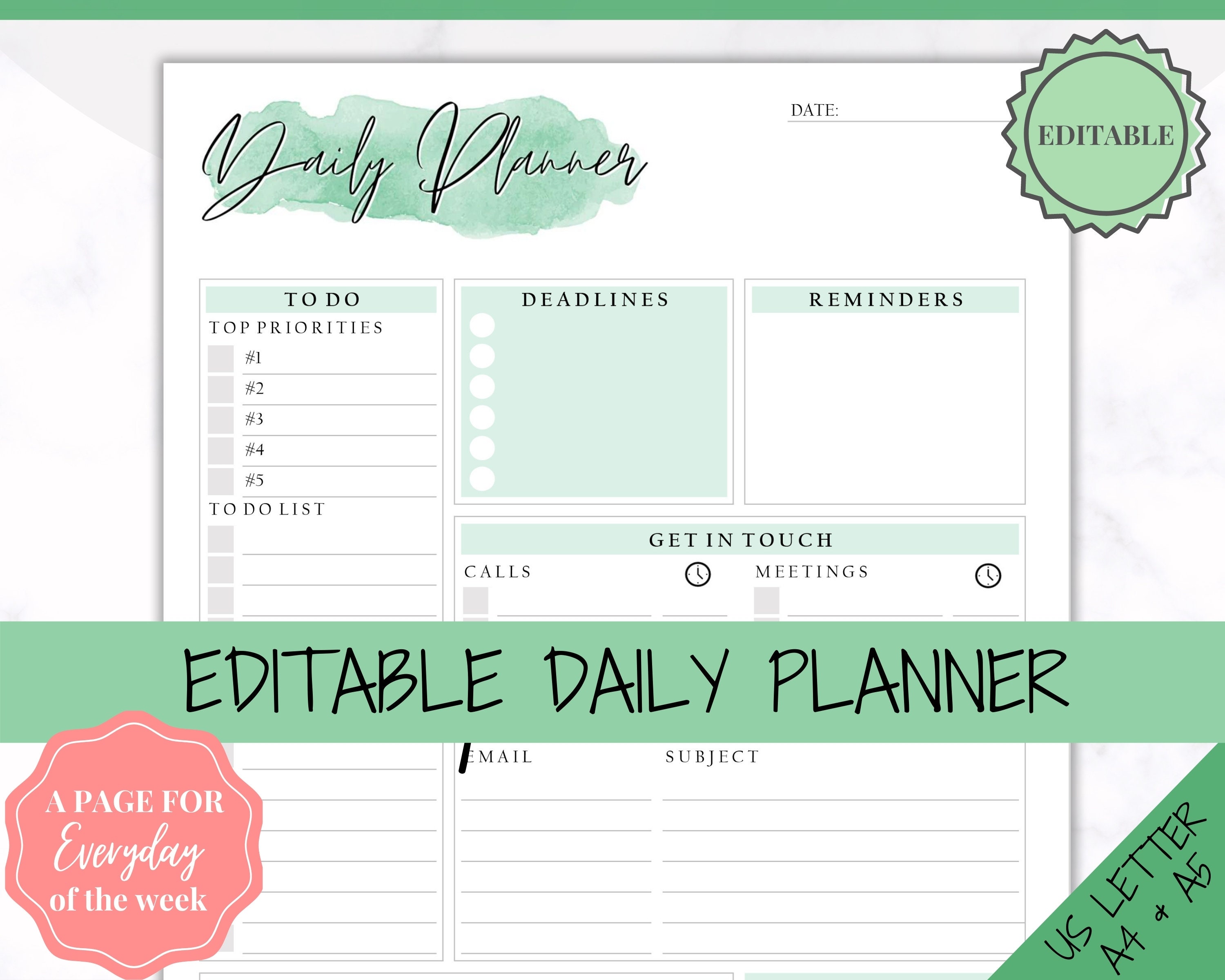 EDITABLE DAILY PLANNER | To Do List | Printable Productivity Day Planner for Work | Work Day Diary Insert | Template | Pdf, Excel | Organize
