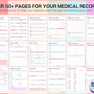 May include: A collection of printable medical record templates. The templates are organized into a bundle pack and feature a pink, blue, and green color scheme with floral accents. The text "OVER 50+ PAGES FOR YOUR MEDICAL RECORDS!" is at the top of the image. The text "Tons of resources to help you organize and manage everything about your health" is below the first line of text. The text "BUNDLE PACK! TEMPLATABLES" is in the lower right corner of the image.