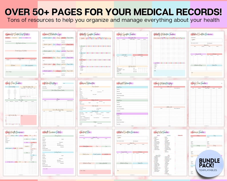 May include: A collection of printable medical record templates. The templates are organized into a bundle pack and feature a pink, blue, and green color scheme with floral accents. The text "OVER 50+ PAGES FOR YOUR MEDICAL RECORDS!" is at the top of the image. The text "Tons of resources to help you organize and manage everything about your health" is below the first line of text. The text "BUNDLE PACK! TEMPLATABLES" is in the lower right corner of the image.