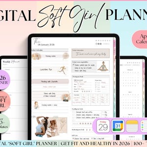 Può includere: Planner digitale per il 2026 con tema 'Soft Girl', visualizzato su più tablet. Il planner include l'integrazione del calendario, modelli e un focus sulla salute e il fitness. L'immagine presenta testo come 'Become a Soft Girl' e 'Get Fit and Healthy in 2026'.
