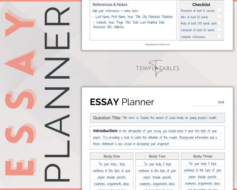 May include: A printable essay planner with a checklist, references and notes section. The planner is designed to help students organise their essays. The title of the essay is "Explain the impact of social media on young people's health".
