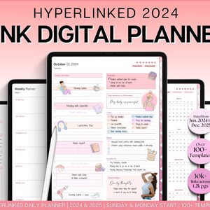 Digitaler Planer, 2024 PINK GoodNotes Planer, Tagesplaner, Wochenplaner, Monatsplaner, Undatierter Life Planner, Notability Planner, iPad Planer, Datiert