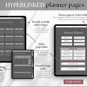 May include: A digital planner with hyperlinked pages for fitness tracking. The planner includes daily, weekly, and monthly pages, as well as a home page and notes pages. The planner is in dark mode, with a black background and white text.