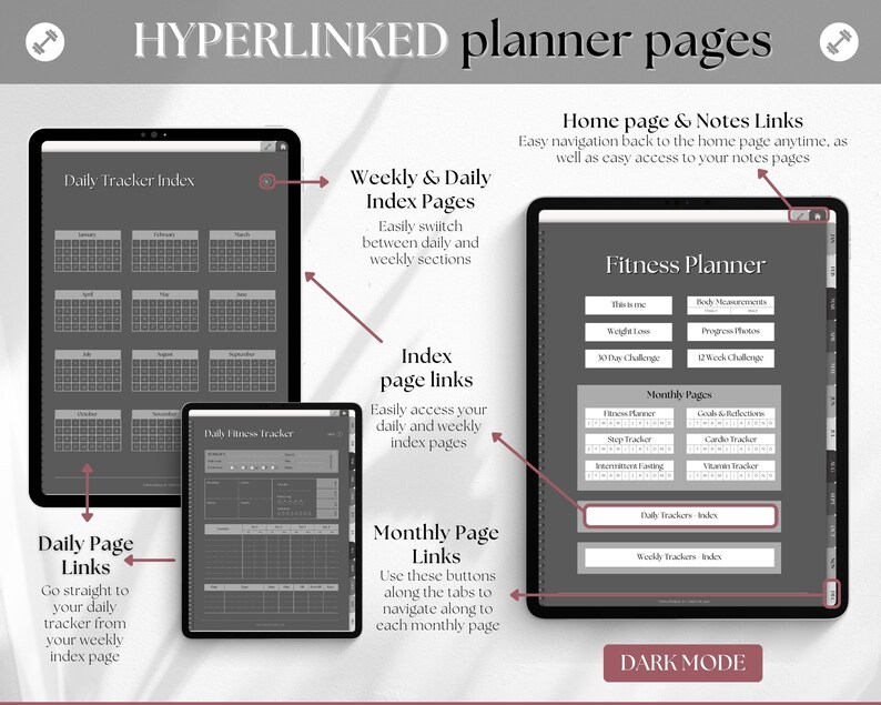 May include: A digital planner with hyperlinked pages for fitness tracking. The planner includes daily, weekly, and monthly pages, as well as a home page and notes pages. The planner is in dark mode, with a black background and white text.