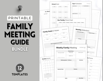 Gids voor familiebijeenkomsten, 12pg afdrukbare bundel met vergaderagenda, notities, familiekalender, huishoudelijke planner, thuisorganisatie, moederplanner