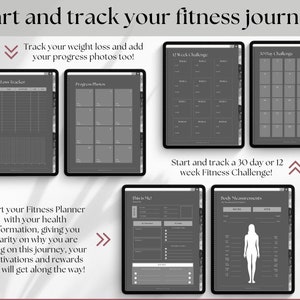 May include: A digital planner for tracking fitness progress. The planner includes sections for weight loss tracking, progress photos, a 12-week challenge, a 30-day challenge, body measurements, and a "This is Me" section.