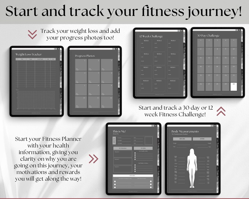 May include: A digital planner for tracking fitness progress. The planner includes sections for weight loss tracking, progress photos, a 12-week challenge, a 30-day challenge, body measurements, and a "This is Me" section.