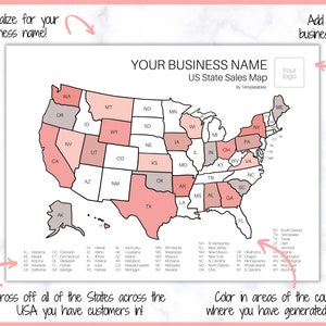 May include: A printable US state sales map with a pink and gray color scheme. The map is designed for businesses to track sales by state. The text "YOUR BUSINESS NAME" is at the top of the map, and the text "US State Sales Map" is below it. The text "By Templatables" is at the bottom of the map.
