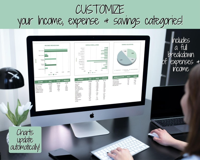 May include: A computer screen displaying a financial dashboard with charts and tables showing income, expenses, and savings categories. The text "CUSTOMIZE your Income, expense & savings categories!" is at the top of the screen. The text "Includes a full breakdown of expenses & income" is on the right side of the screen. The text "Charts update automatically!" is at the bottom left of the screen.