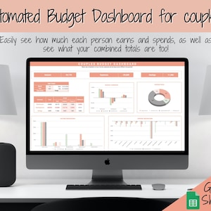 May include: A computer monitor shows a budget dashboard for couples, with charts and tables detailing income, expenses, and savings. The screen reads "Automated Budget Dashboard for couples!" and "Google Sheets" is in the bottom right corner.