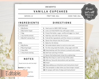 EDITABLE Recipe Book template, Recipe Sheet Template, Recipe Cards, Minimal Recipe Binder, 8.5x11 Printable Farmhouse, Food Planner Journal