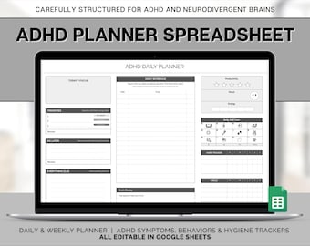 ADHD Digital Planner, Daily Planner Spreadsheet, Neurodivergent, Brain Dump Template, To Do List, Cleaning, Symptom Tracker, Google Sheets