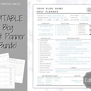 Op de afbeelding: Een bewerkbare blogpostplannerbundel met een witte achtergrond. De planner bevat secties voor posttitel, concept, outline, checklist, beschrijving en zoekwoorden. De bundel bevat ook een contentplanner en een jaaroverzicht.