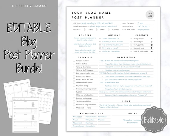 Blog Post Planner Templates! EDITABLE Blogger Bundle! Blog Planner, Content Strategy, Blogging Kit, Content Creator, Social Media