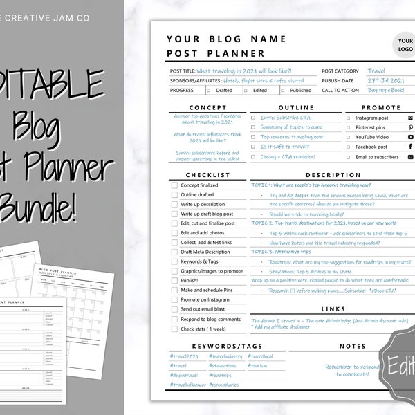 Blog Post Planner Templates! EDITABLE Blogger Bundle! Blog Planner, Content Strategy, Blogging Kit, Content Creator, Social Media