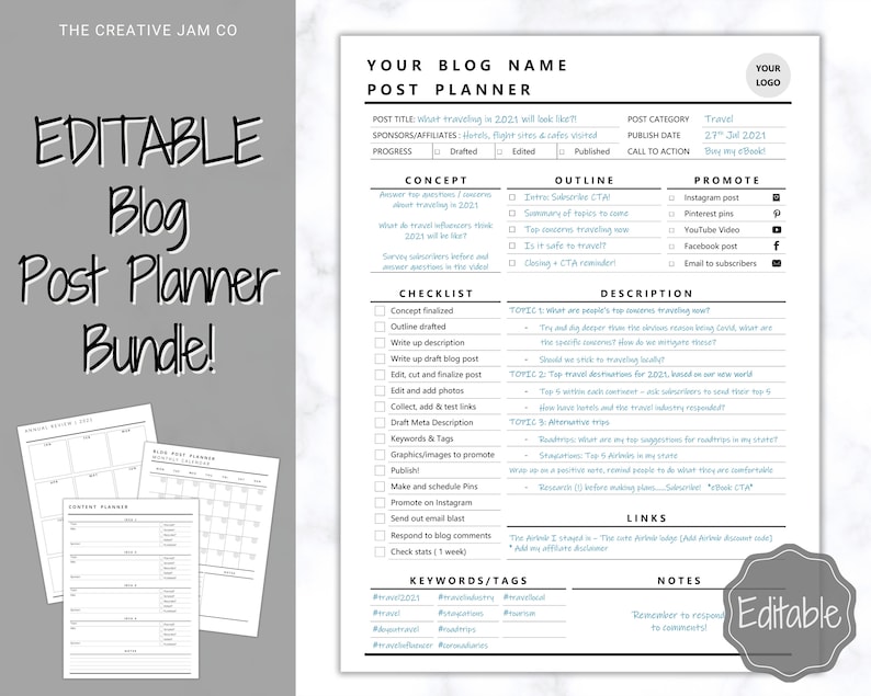 May include: An editable blog post planner bundle with a white background. The planner includes sections for post title, concept, outline, checklist, description, and keywords. The bundle also includes a content planner and an annual review.