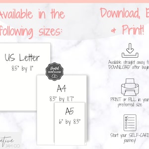 Op de afbeelding: Printbare digitale download van een zelfzorgdagboek in de formaten US Letter, A4 en A5. De tekst luidt "Beschikbaar in de volgende formaten: US Letter 8,5" bij 11", A4 8,3" bij 11,7", A5 6" bij 8,3". Downloaden, bewerken en printen! Direct beschikbaar om te DOWNLOADEN na aankoop. PRINTEN of INVULLEN in uw gewenste formaat. Begin uw ZELFZORG-reis!"