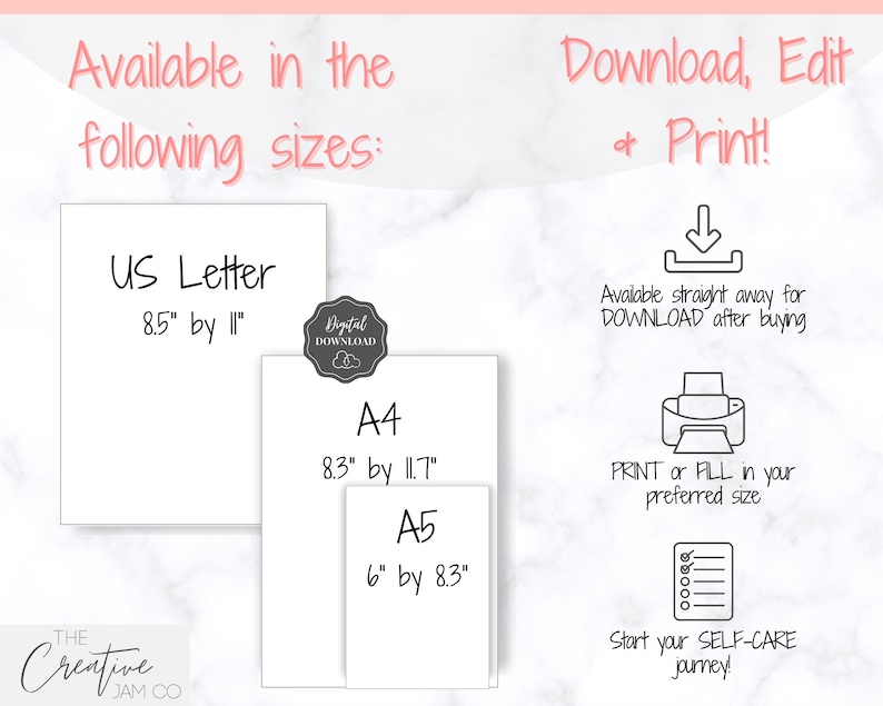 Op de afbeelding: Printbare digitale download van een zelfzorgdagboek in de formaten US Letter, A4 en A5. De tekst luidt "Beschikbaar in de volgende formaten: US Letter 8,5" bij 11", A4 8,3" bij 11,7", A5 6" bij 8,3". Downloaden, bewerken en printen! Direct beschikbaar om te DOWNLOADEN na aankoop. PRINTEN of INVULLEN in uw gewenste formaat. Begin uw ZELFZORG-reis!"