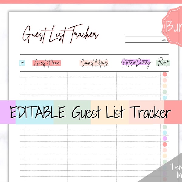 Guest List Tracker, Editable Guest List Template with RSVP, Party, Events, Birthday & Wedding Guest List, Wedding Planner Printable, Gifts