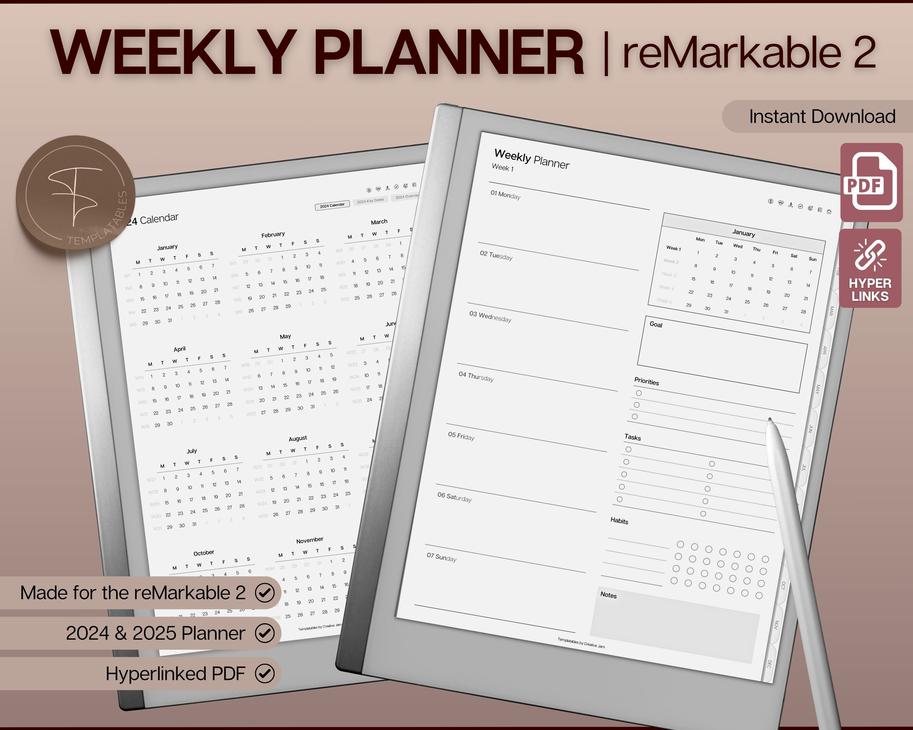 2024 Remarkable Planner  Monthly, Weekly, Daily with Links