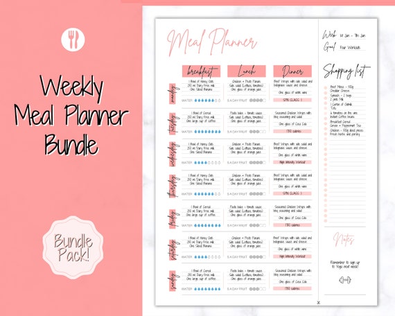 Pink Meal Planner Printable Weekly Food Diary Meal Tracker | Etsy