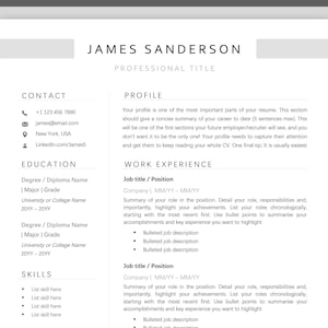 Op de afbeelding: Een cv-sjabloon met een professioneel ontwerp. Het sjabloon bevat secties voor contactgegevens, opleiding, vaardigheden, werkervaring en een profielsectie. Het sjabloon is ontworpen om sollicitanten te helpen een professioneel en effectief cv te maken.