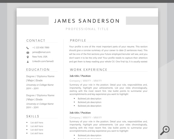 Cv Template Resume Word Professional Resume Template Etsy India