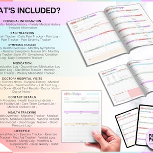May include: A colorful printable bundle of 50+ pages of medical and lifestyle trackers. The bundle includes trackers for pain, symptoms, medication, doctor visits, health tracking, and lifestyle. The text "Bundle Pack! Templates" is visible in the lower right corner.