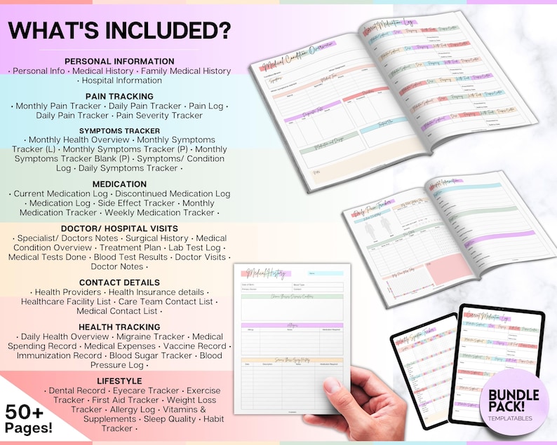 May include: A colorful printable bundle of 50+ pages of medical and lifestyle trackers. The bundle includes trackers for pain, symptoms, medication, doctor visits, health tracking, and lifestyle. The text "Bundle Pack! Templates" is visible in the lower right corner.