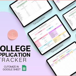 May include: A digital college application tracker with a pink, yellow, and blue color scheme. The tracker includes sections for college summary, college comparison, and application deadlines. The text "College Application Tracker" is displayed in black text on a white background. The text "Customize in Google Sheet" is displayed in black text on a white background with a green Google Sheet icon.