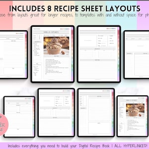 K&ouml;nnte beinhalten: Acht verschiedene digitale Rezeptblatt-Layouts mit einer Vielzahl von Stilen, einschlie&szlig;lich Platz f&uuml;r Fotos. Die Layouts sind f&uuml;r l&auml;ngere Rezepte konzipiert und beinhalten einen verlinkten Speiseplaner. Der Text "INCLUDES 8 RECIPE SHEET LAYOUTS" und "Includes everything you need to build your Digital Recipe Book | ALL HYPERLINKED!" ist im Bild sichtbar.