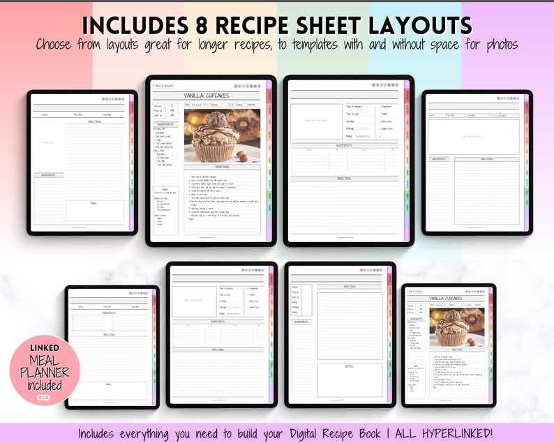 K&ouml;nnte beinhalten: Acht verschiedene digitale Rezeptblatt-Layouts mit einer Vielzahl von Stilen, einschlie&szlig;lich Platz f&uuml;r Fotos. Die Layouts sind f&uuml;r l&auml;ngere Rezepte konzipiert und beinhalten einen verlinkten Speiseplaner. Der Text "INCLUDES 8 RECIPE SHEET LAYOUTS" und "Includes everything you need to build your Digital Recipe Book | ALL HYPERLINKED!" ist im Bild sichtbar.