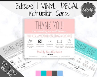 Decal Application Instructions. EDITABLE Vinyl Decal Thank You Business Card, Printable BUNDLE Order Card, Sticker Seller Packaging Label