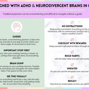 May include: A pink, green, and white graphic with the text "DESIGNED WITH ADHD & NEURODIVERGENT BRAINS IN MIND" and "HOW WILL THIS HELP EXACTLY? BY GIVING YOU WHAT YOUR BRAIN NEEDS!"  The graphic lists several ways a planner can help people with ADHD and neurodivergent brains, including "GUIDED", "IMPORTANT STUFF FIRST", "BRAIN DUMP", "SEE TIME VISUALLY", "NO DISTRACTIONS!", "CHECKLIST WITH REWARDS", "BUILD HABITS", "UNDATED", and "REFLECT".