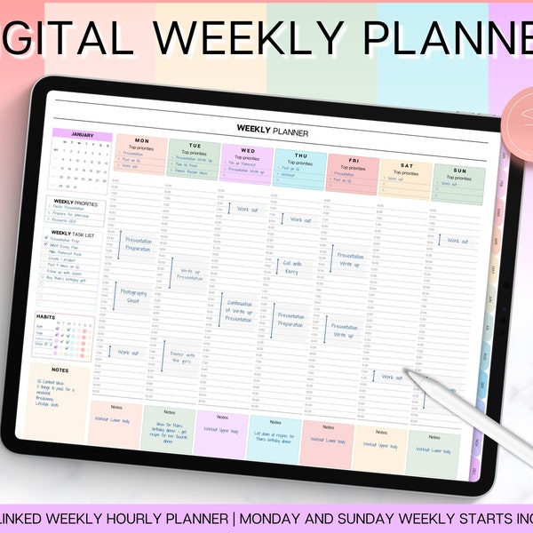 WEEKLY Hourly Digital Planner, 2024 Digital Planner, iPad Planner, GoodNotes, Weekly Schedule, Digital Life Planner, Undated,Notability